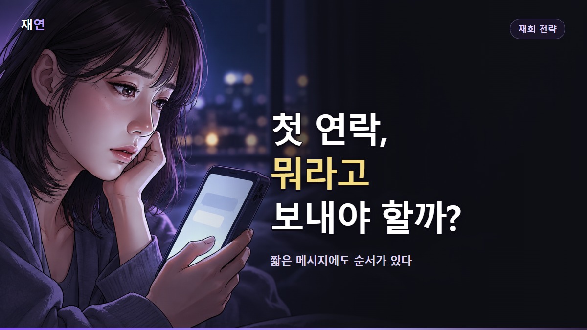 첫 연락, 뭐라고 보내야 할까?, 밤 창가에서 휴대폰을 바라보며 생각에 잠긴 여성의 일러스트