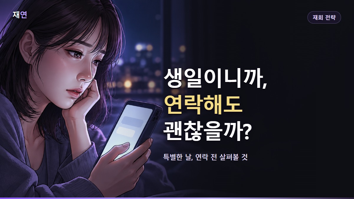 생일이니까, 연락해도 괜찮을까?, 밤 창가에서 휴대폰을 바라보며 생각에 잠긴 여성의 일러스트