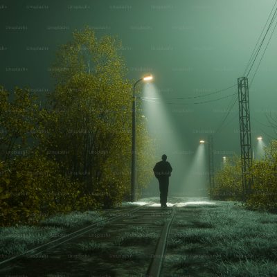 안개 낀 밤길 가로등 아래 홀로 서 있는 사람