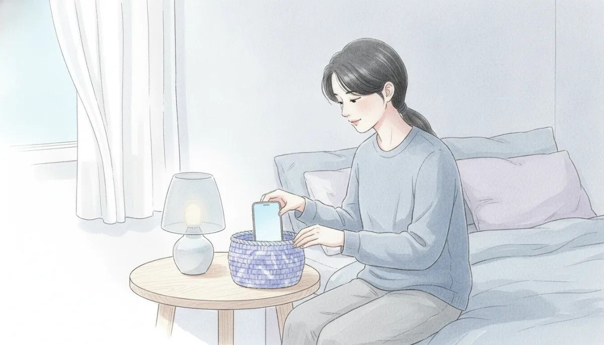 휴대폰을 침대 옆 바구니에 조용히 넣어두는 모습