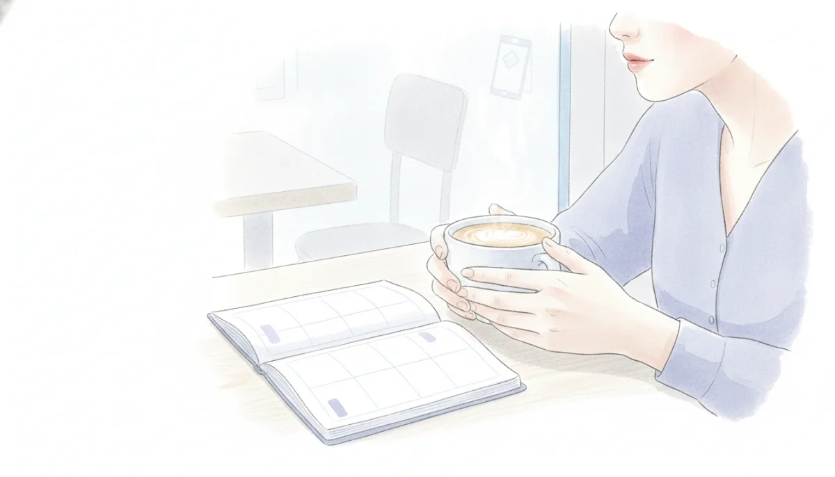 카페 테이블 위 따뜻한 커피잔과 플래너를 든 손