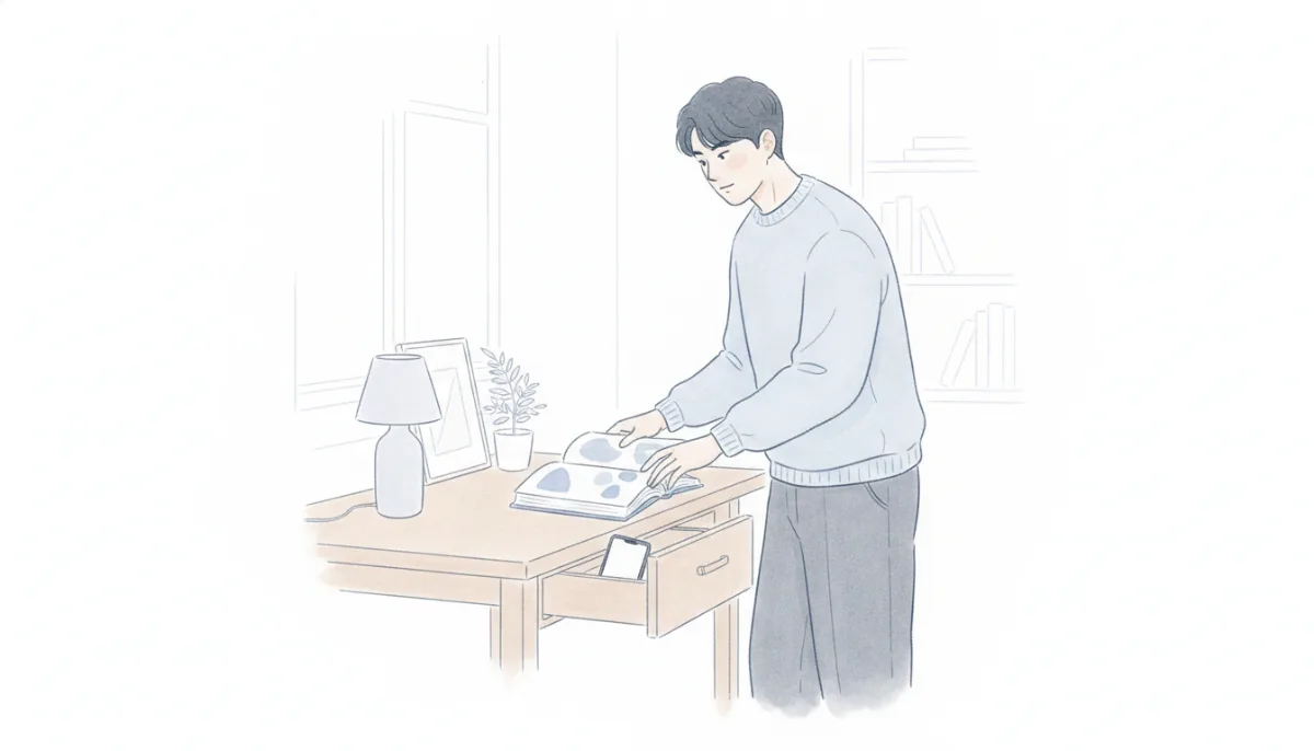 휴대폰을 서랍에 넣고 책상 위 책을 펴는 사람