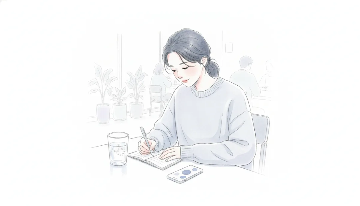 카페에서 공책에 글을 쓰는 사람