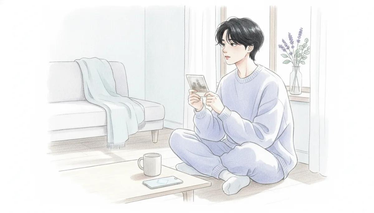 햇살 드는 방에서 오래된 사진을 든 손