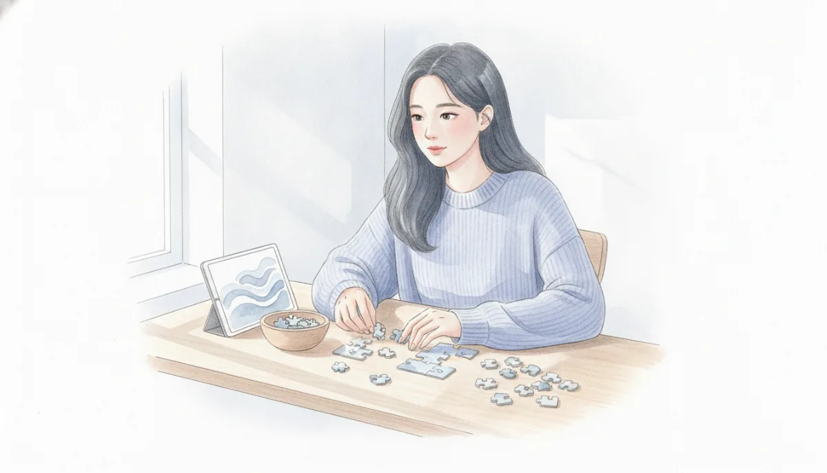 나무 탁자 위에서 흩어진 퍼즐 조각들을 맞추는 손