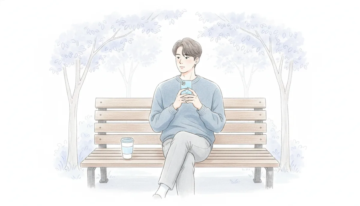 공원 벤치에 앉아 휴대폰을 보며 생각에 잠긴 사람