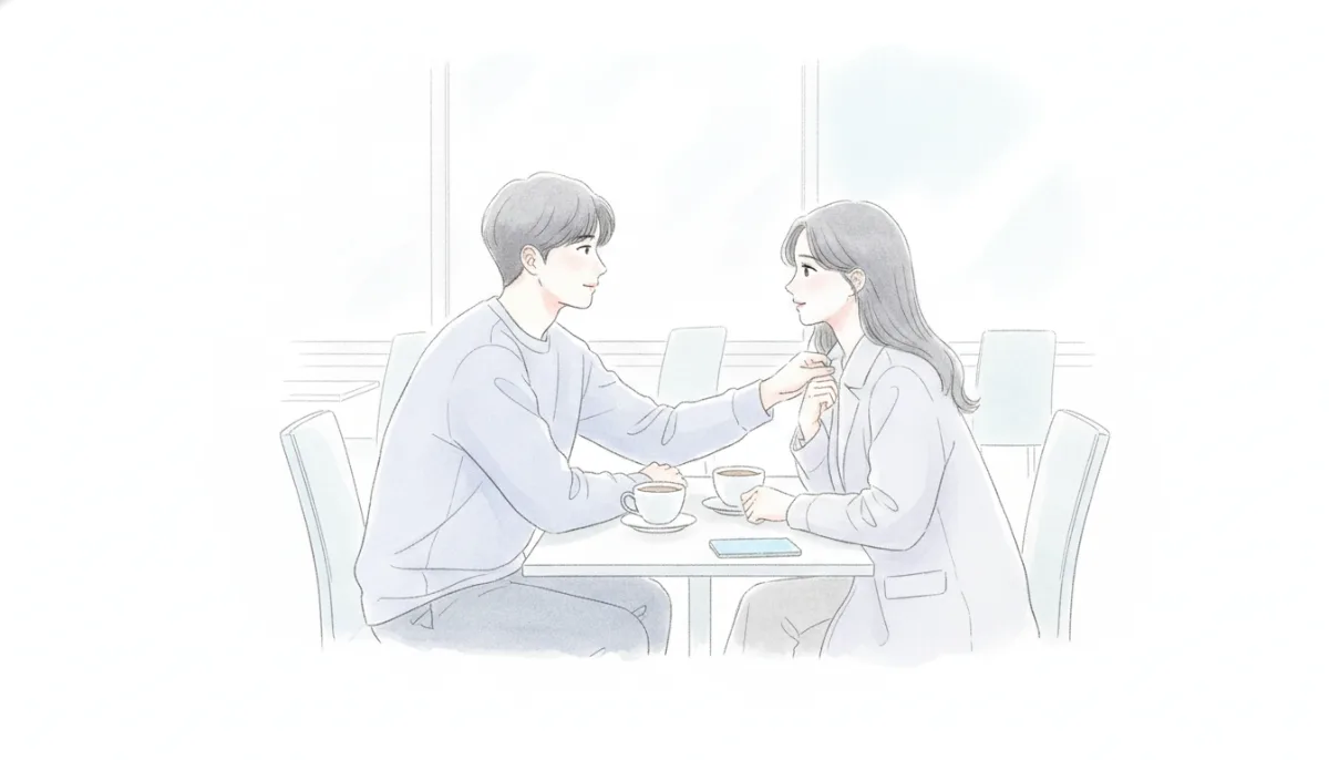 햇살 드는 카페 테이블에서 서로의 옷깃을 조심스럽게 매만지는 두 사람의 모습