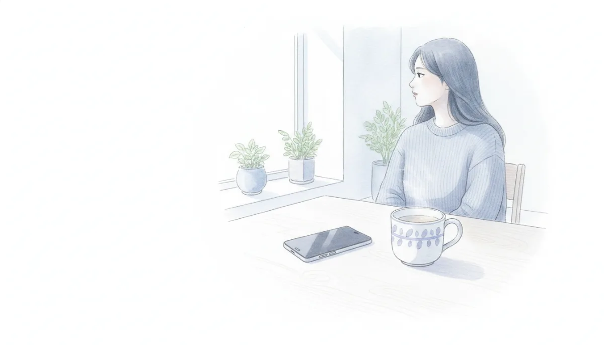 테이블 위에 놓인 스마트폰과 찻잔