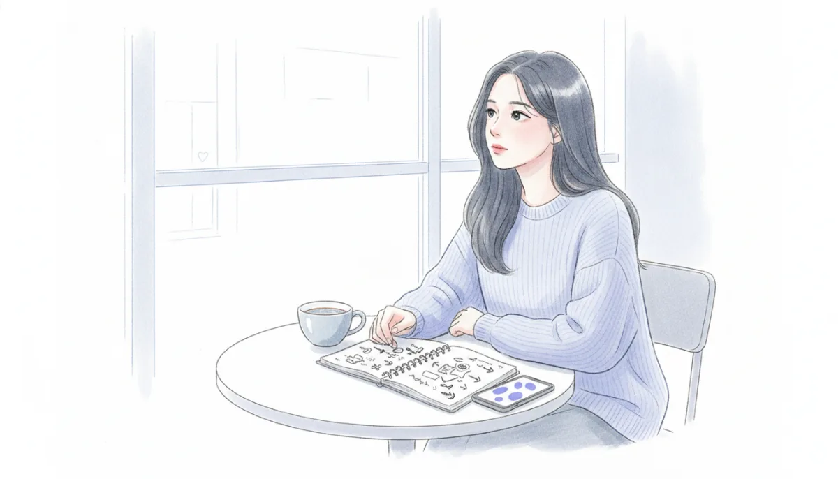 카페에서 공책을 보는 젊은 여성의 모습