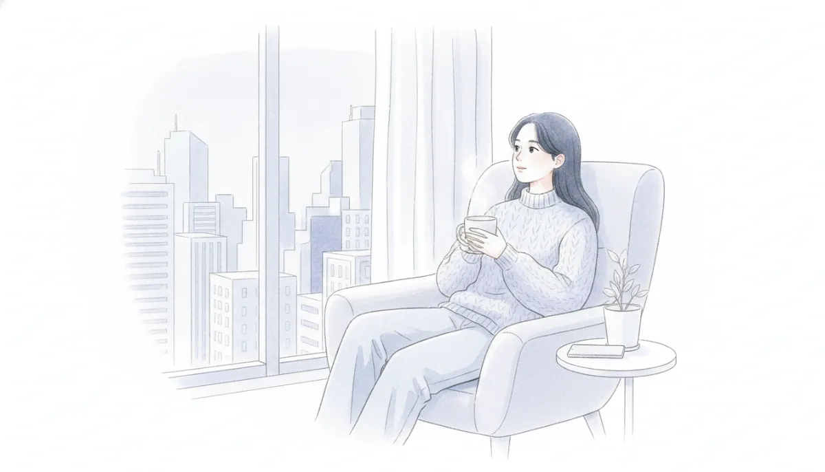 창가 안락의자에 앉아 따뜻한 머그잔을 들고 석양을 바라보는 사람