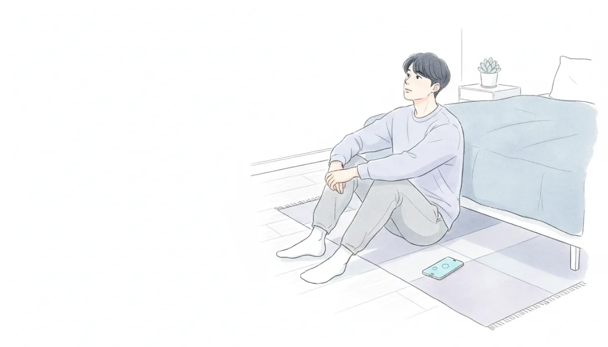 침대에 기대 앉아 휴대폰을 무릎에 둔 채 생각하는 사람