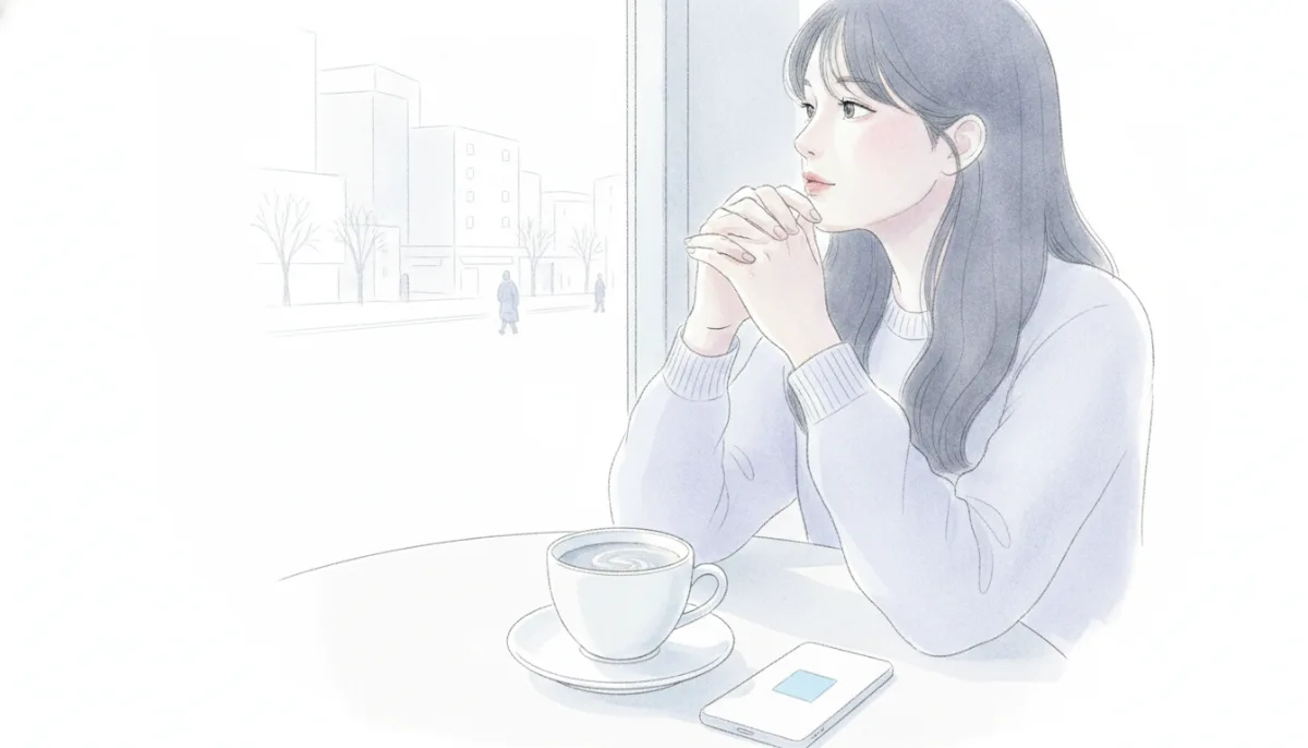 카페 테이블에 놓인 커피잔과 생각에 잠긴 손