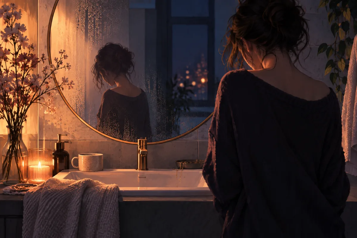 거울 앞에서 자신을 마주 보는 사람
